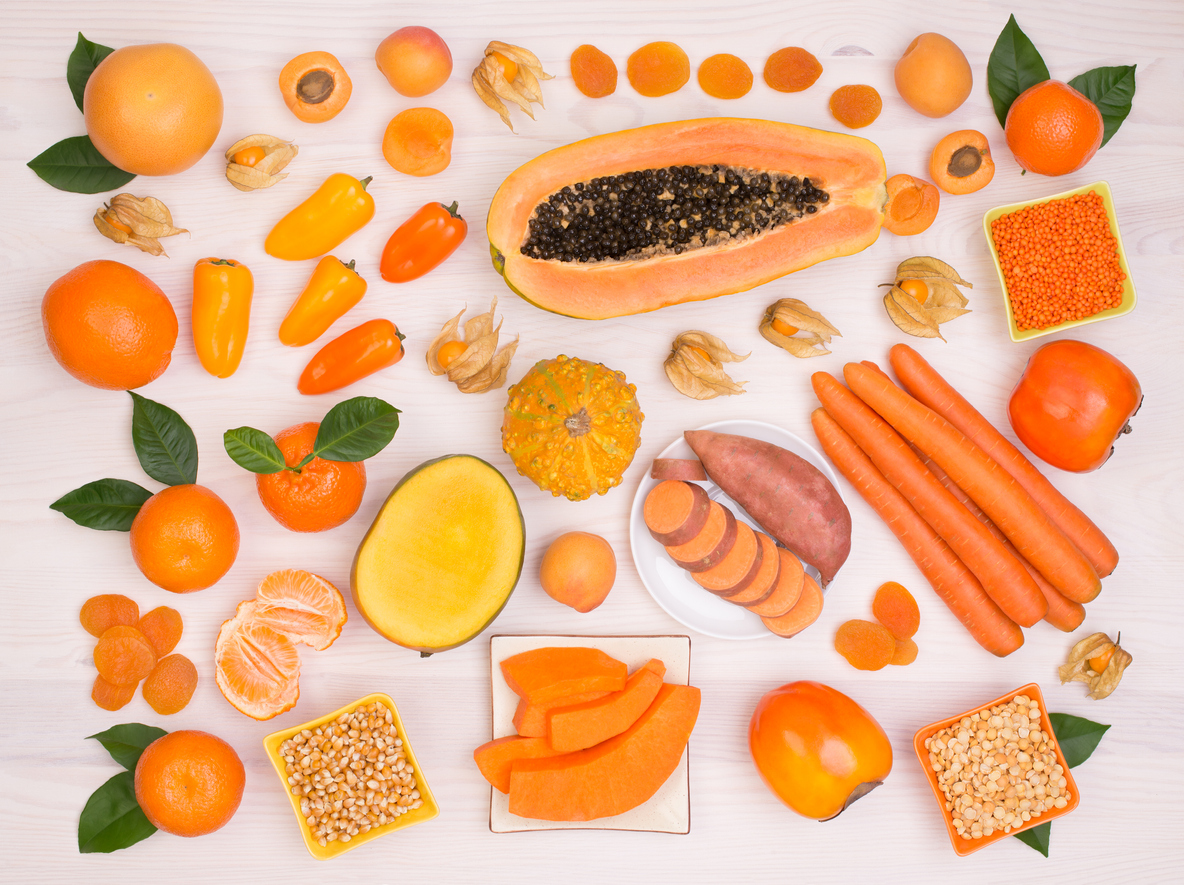 Orange fruits and vegetables containing beta carotene